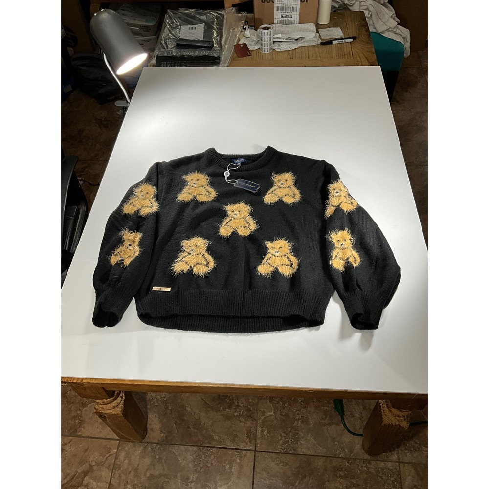 Simply Southern Black Teddy Bear Fuzzy Knit Crewneck Sweater L - Picture 2 of 8
